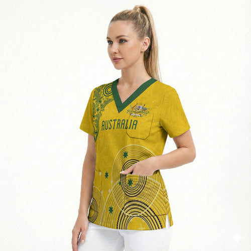 Custom Australia National Football Scrub Top Socceroos-Aboriginal Dot Art Heritage Graphic