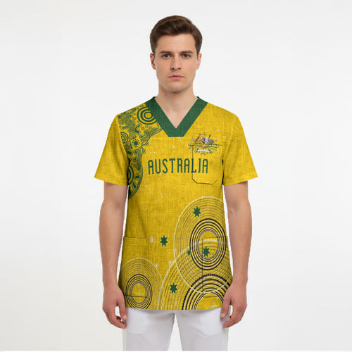 Custom Australia National Football Scrub Top Socceroos-Aboriginal Dot Art Heritage Graphic