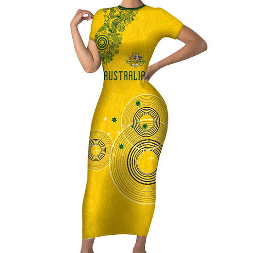 Custom Australia National Football Short Sleeve Bodycon Dress Socceroos-Aboriginal Dot Art Heritage Graphic