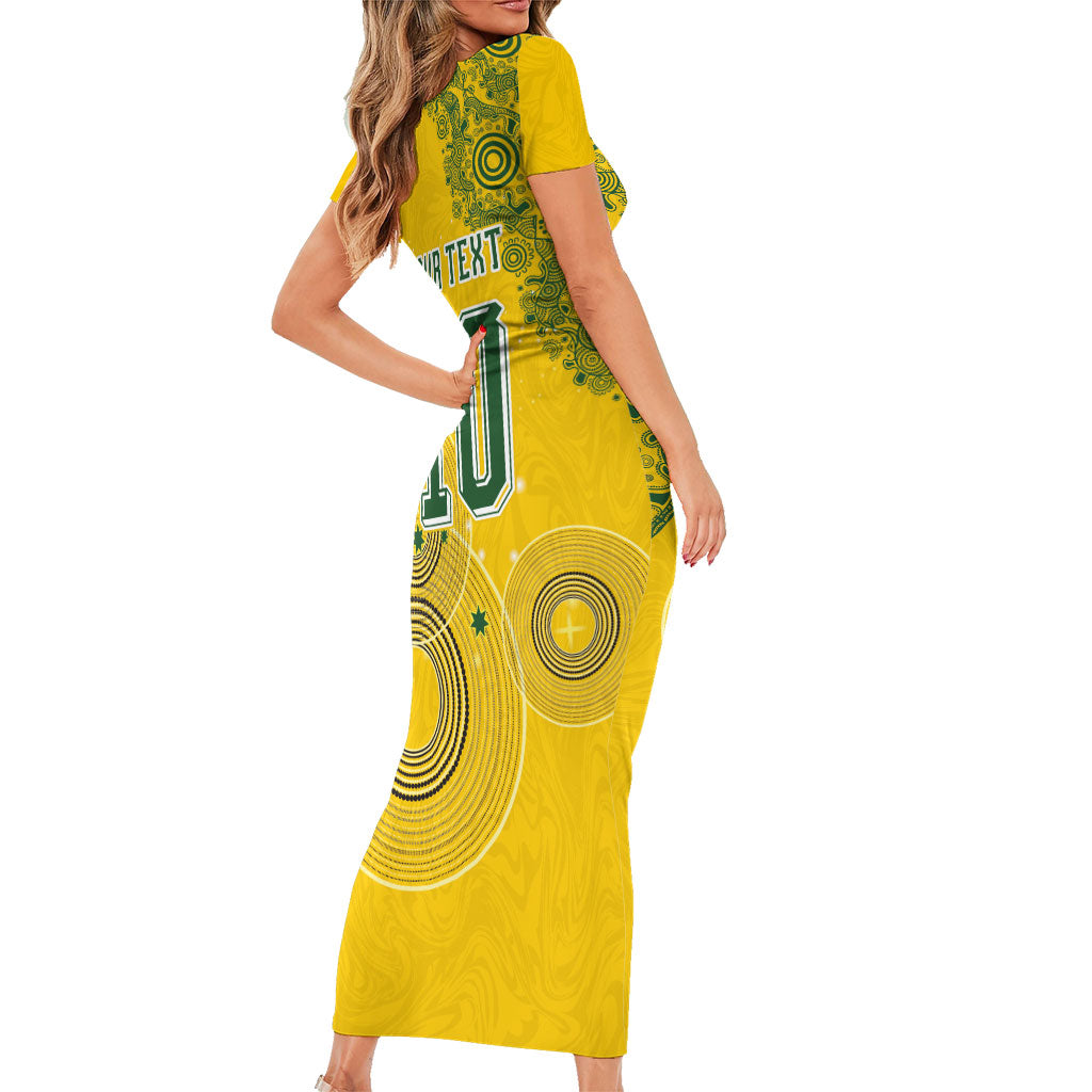 Custom Australia National Football Short Sleeve Bodycon Dress Socceroos-Aboriginal Dot Art Heritage Graphic