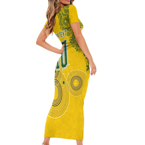 Custom Australia National Football Short Sleeve Bodycon Dress Socceroos-Aboriginal Dot Art Heritage Graphic