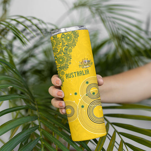 Custom Australia National Football Skinny Tumbler Socceroos-Aboriginal Dot Art Heritage Graphic