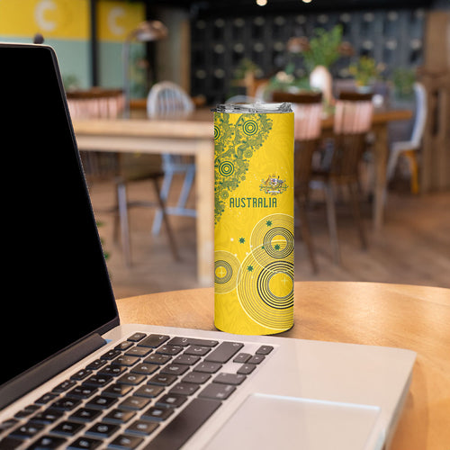 Custom Australia National Football Skinny Tumbler Socceroos-Aboriginal Dot Art Heritage Graphic