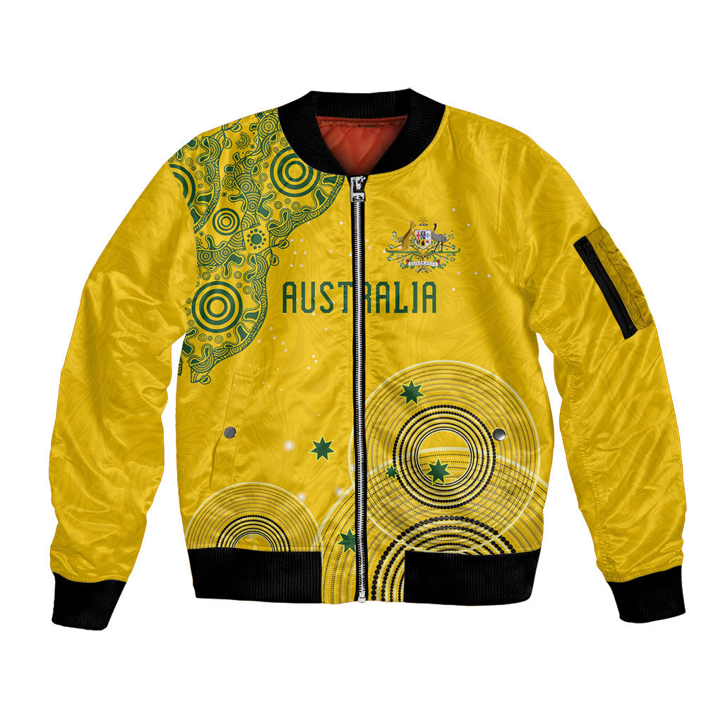 Custom Australia National Football Sleeve Zip Bomber Jacket Socceroos-Aboriginal Dot Art Heritage Graphic