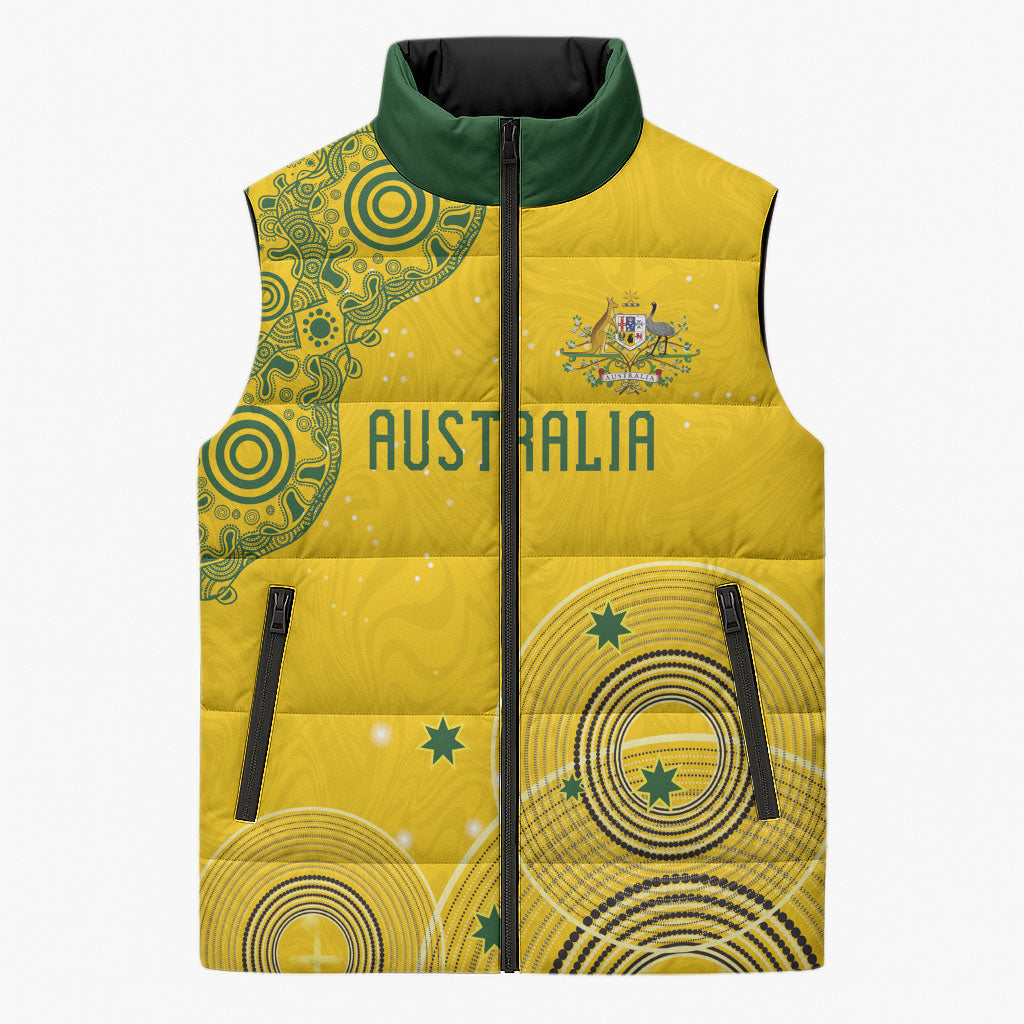Custom Australia National Football Sleeveless Puffer Jacket Socceroos-Aboriginal Dot Art Heritage Graphic