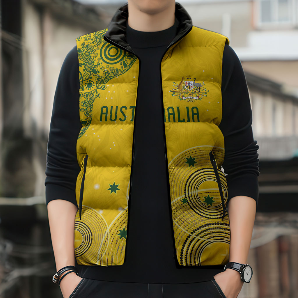 Custom Australia National Football Sleeveless Puffer Jacket Socceroos-Aboriginal Dot Art Heritage Graphic