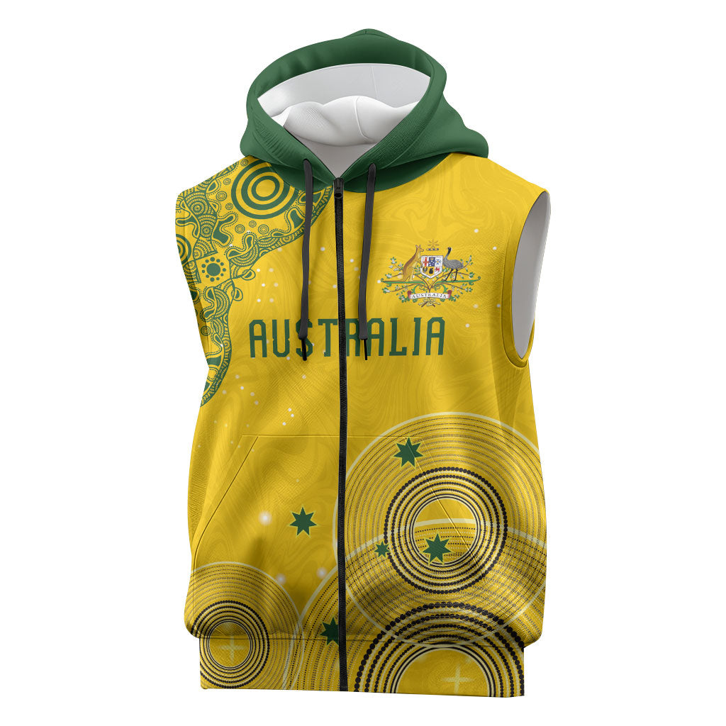 Custom Australia National Football Sleeveless Zip Hoodie Socceroos-Aboriginal Dot Art Heritage Graphic