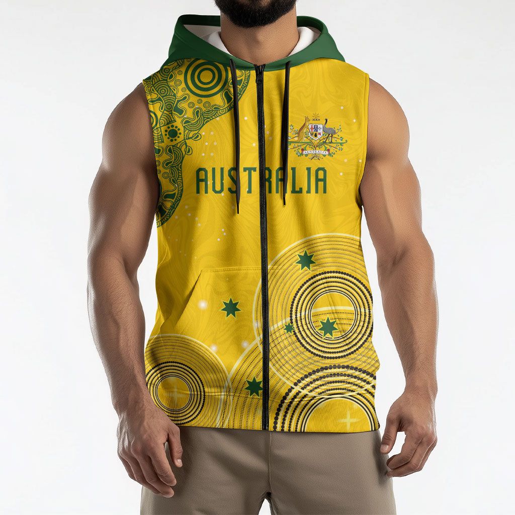Custom Australia National Football Sleeveless Zip Hoodie Socceroos-Aboriginal Dot Art Heritage Graphic