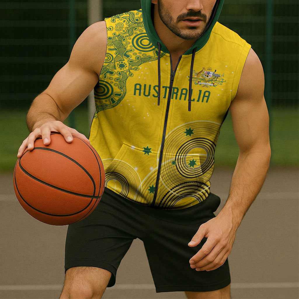 Custom Australia National Football Sleeveless Zip Hoodie Socceroos-Aboriginal Dot Art Heritage Graphic