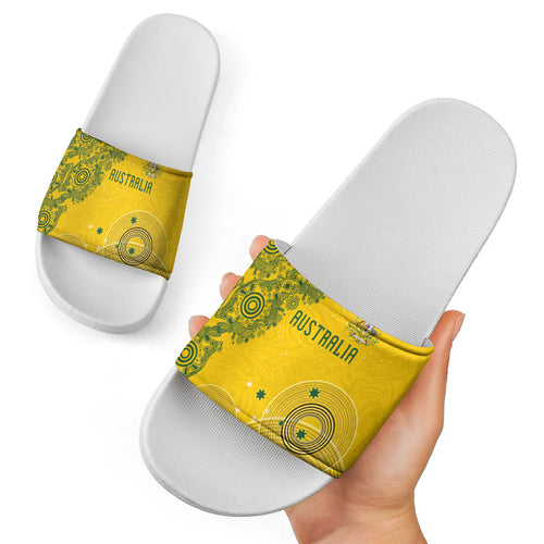 Australia National Football Slide Sandals Socceroos-Aboriginal Dot Art Heritage Graphic