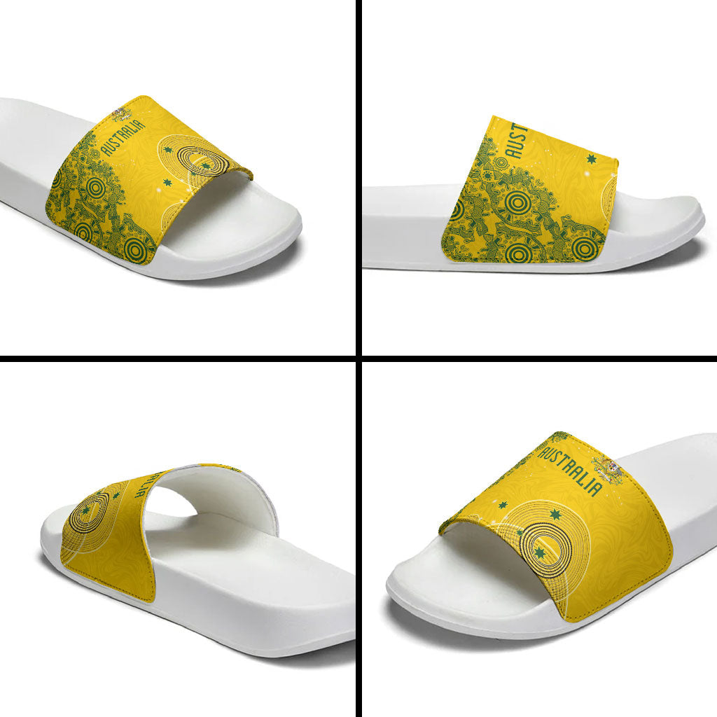 Australia National Football Slide Sandals Socceroos-Aboriginal Dot Art Heritage Graphic
