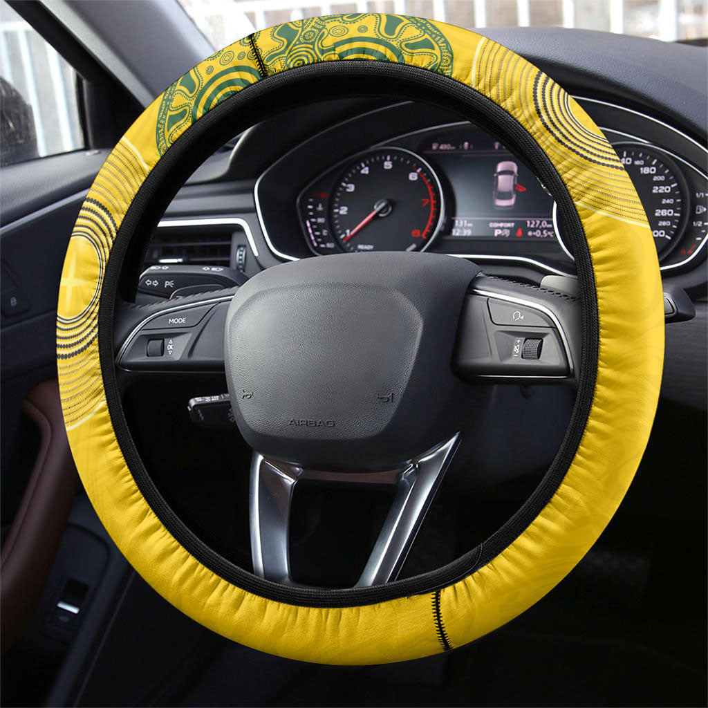Australia National Football Steering Wheel Cover Socceroos-Aboriginal Dot Art Heritage Graphic