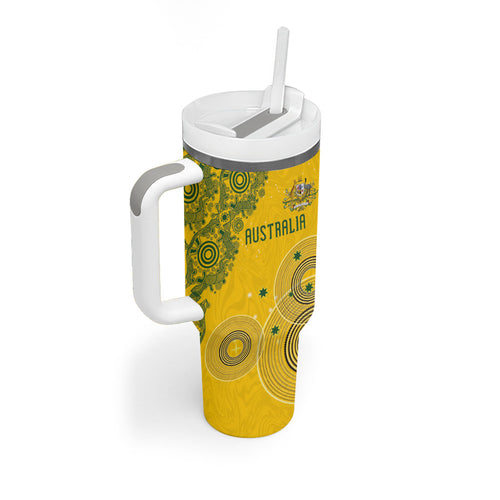 Custom Australia National Football Tumbler With Handle Socceroos-Aboriginal Dot Art Heritage Graphic