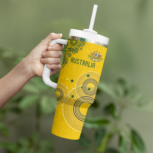 Custom Australia National Football Tumbler With Handle Socceroos-Aboriginal Dot Art Heritage Graphic