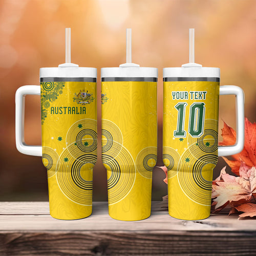 Custom Australia National Football Tumbler With Handle Socceroos-Aboriginal Dot Art Heritage Graphic