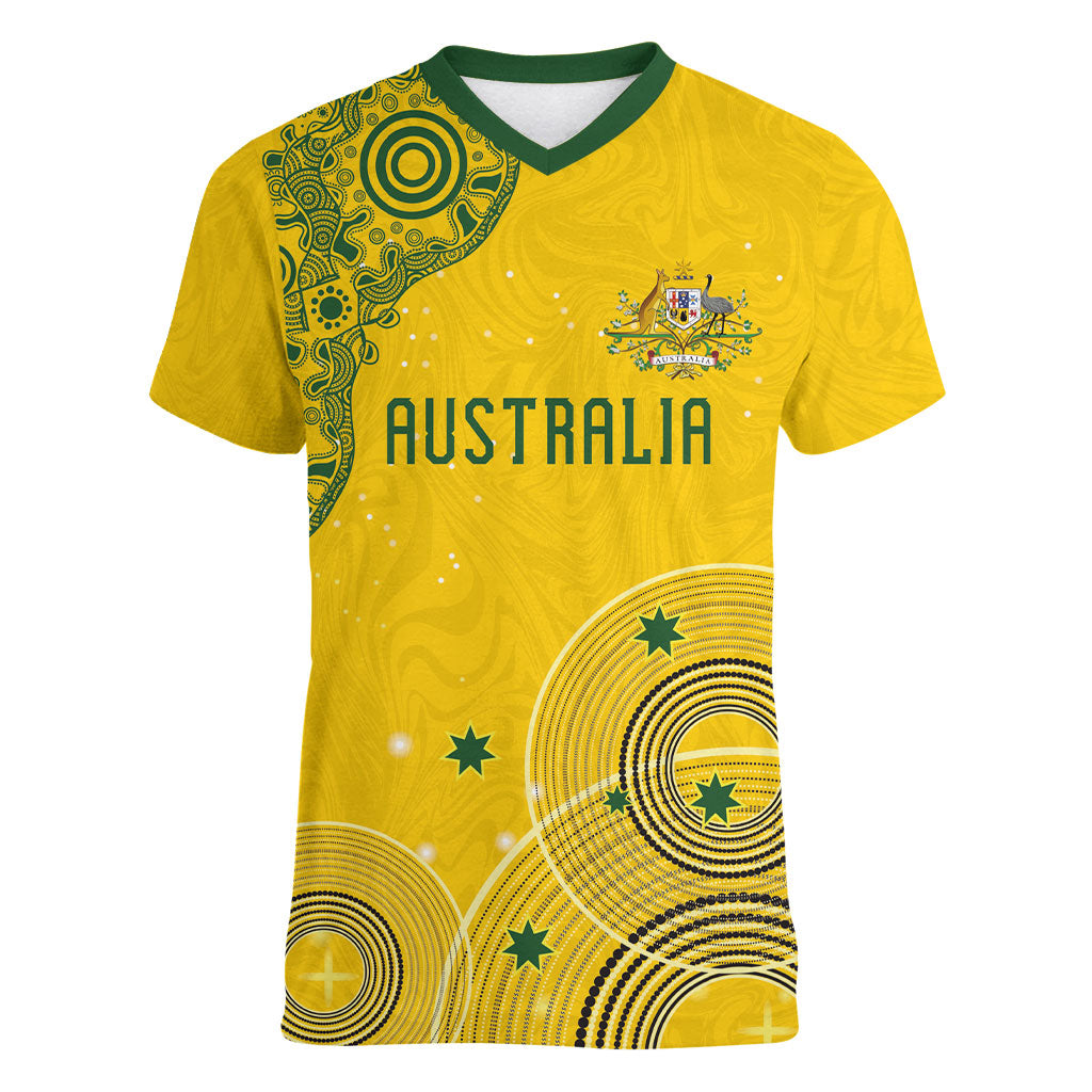 Custom Australia National Football Women V-Neck T-Shirt Socceroos-Aboriginal Dot Art Heritage Graphic