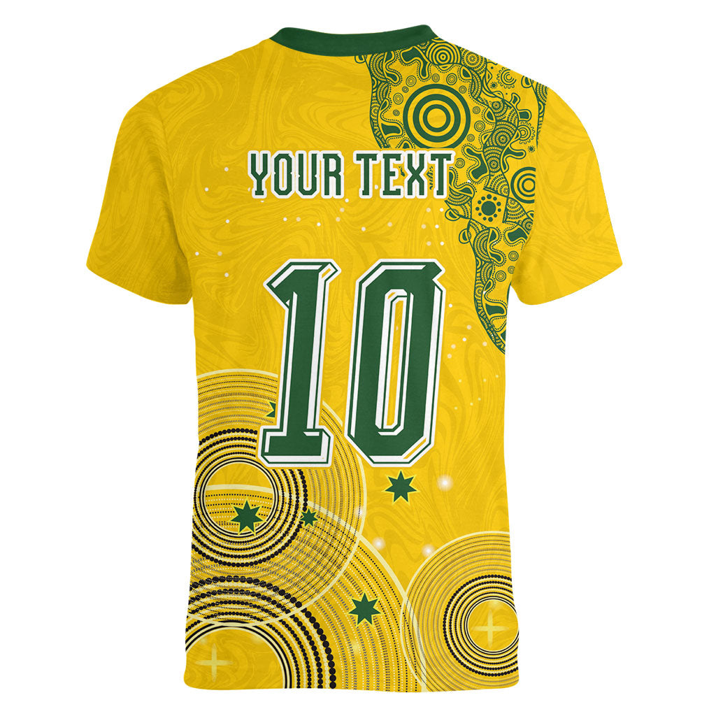 Custom Australia National Football Women V-Neck T-Shirt Socceroos-Aboriginal Dot Art Heritage Graphic