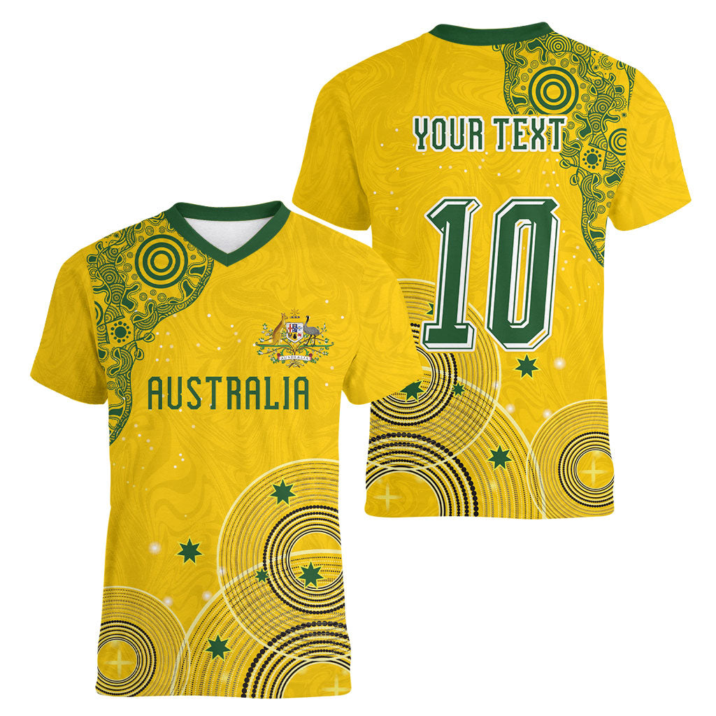 Custom Australia National Football Women V-Neck T-Shirt Socceroos-Aboriginal Dot Art Heritage Graphic