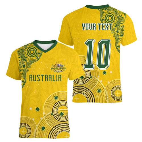 Custom Australia National Football Women V-Neck T-Shirt Socceroos-Aboriginal Dot Art Heritage Graphic