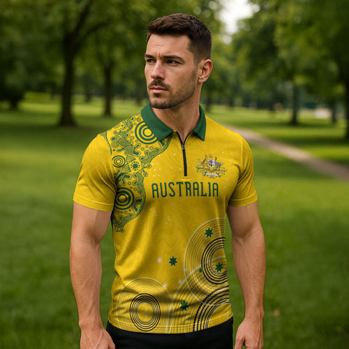 Custom Australia National Football Zipper Polo Shirt Socceroos-Aboriginal Dot Art Heritage Graphic