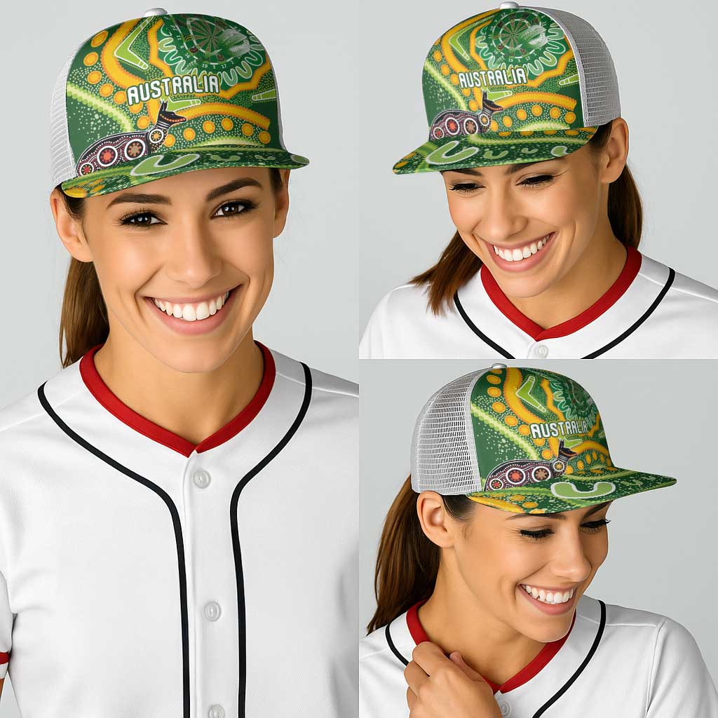 Australia Darts Baseball Net Cap Aboriginal Dot Art Boomerang Indigenous Style Graphic