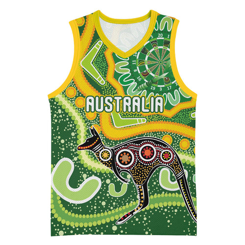 Australia Darts Personalised Basketball Jersey Aboriginal Dot Art Boomerang Indigenous Style Graphic