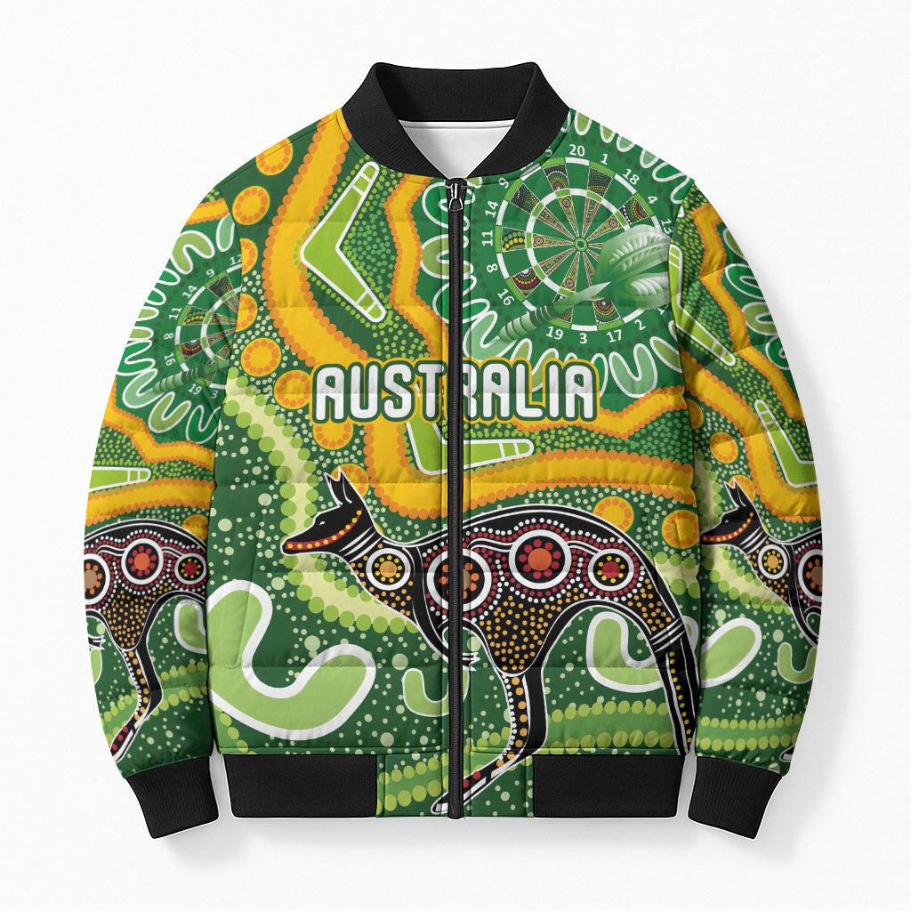 Australia Darts Personalised Bomber Puffer Jacket Aboriginal Dot Art Boomerang Indigenous Style Graphic