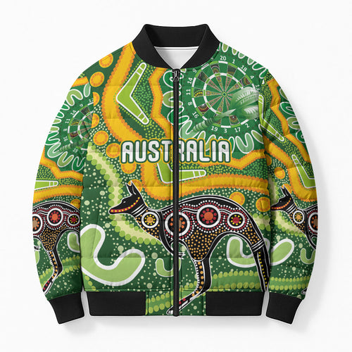 Australia Darts Personalised Bomber Puffer Jacket Aboriginal Dot Art Boomerang Indigenous Style Graphic