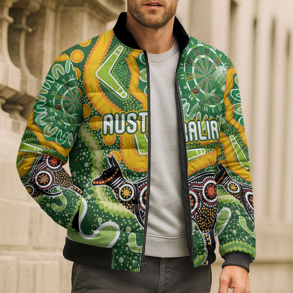 Australia Darts Personalised Bomber Puffer Jacket Aboriginal Dot Art Boomerang Indigenous Style Graphic