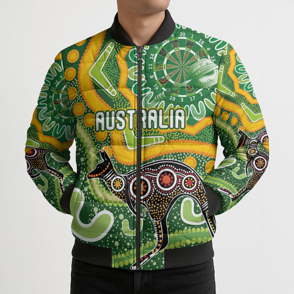 Australia Darts Personalised Bomber Puffer Jacket Aboriginal Dot Art Boomerang Indigenous Style Graphic