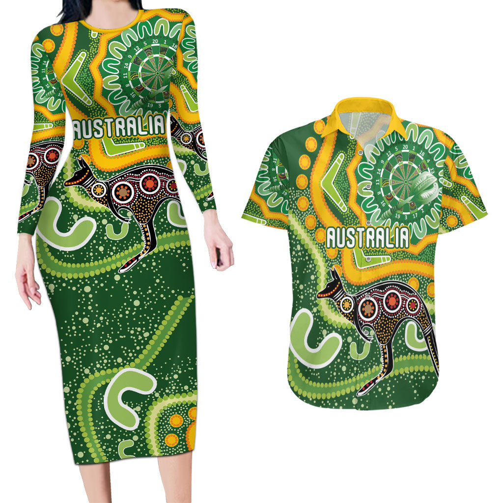 Australia Darts Personalised Couples Matching Long Sleeve Bodycon Dress and Hawaiian Shirt Aboriginal Dot Art Boomerang Indigenous Style Graphic
