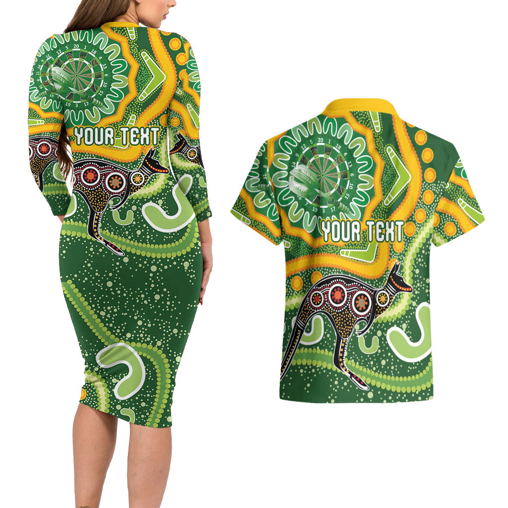 Australia Darts Personalised Couples Matching Long Sleeve Bodycon Dress and Hawaiian Shirt Aboriginal Dot Art Boomerang Indigenous Style Graphic