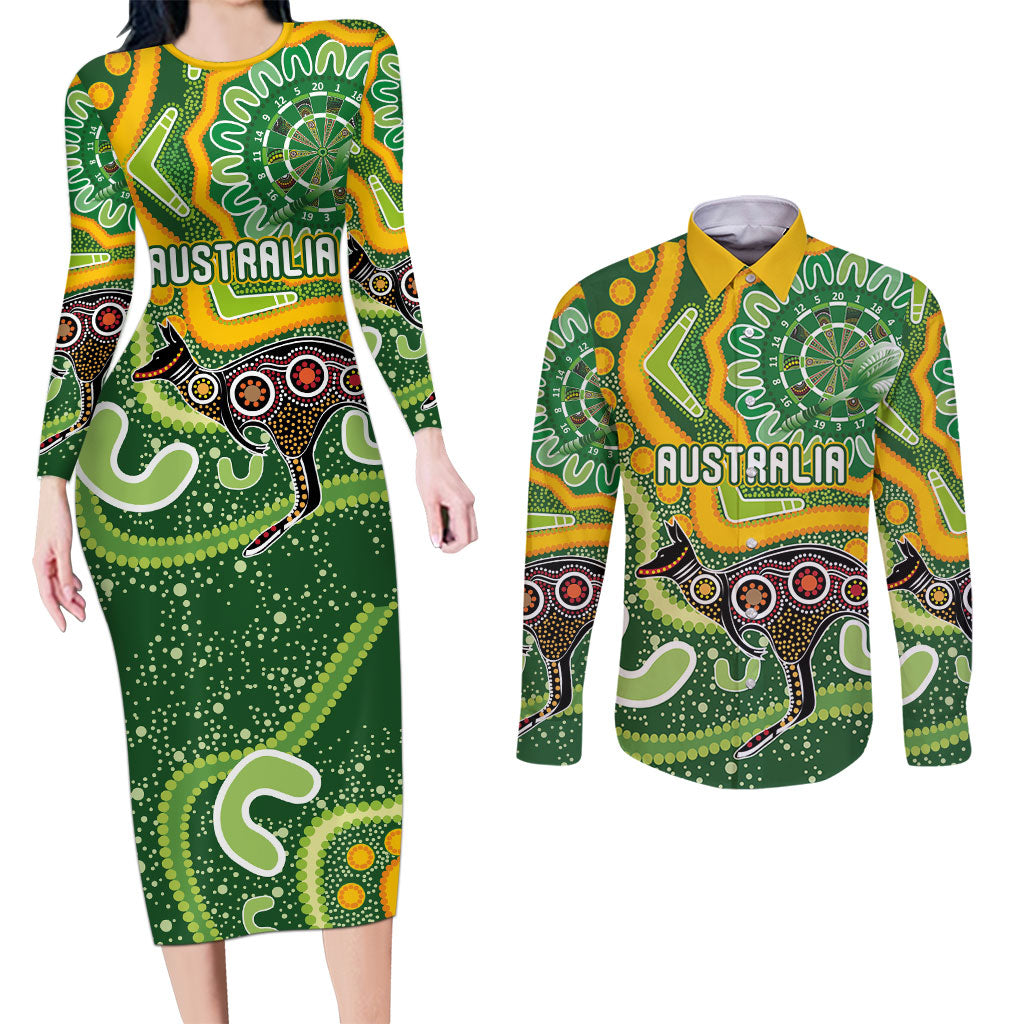 Australia Darts Personalised Couples Matching Long Sleeve Bodycon Dress and Long Sleeve Button Shirt Aboriginal Dot Art Boomerang Indigenous Style Graphic