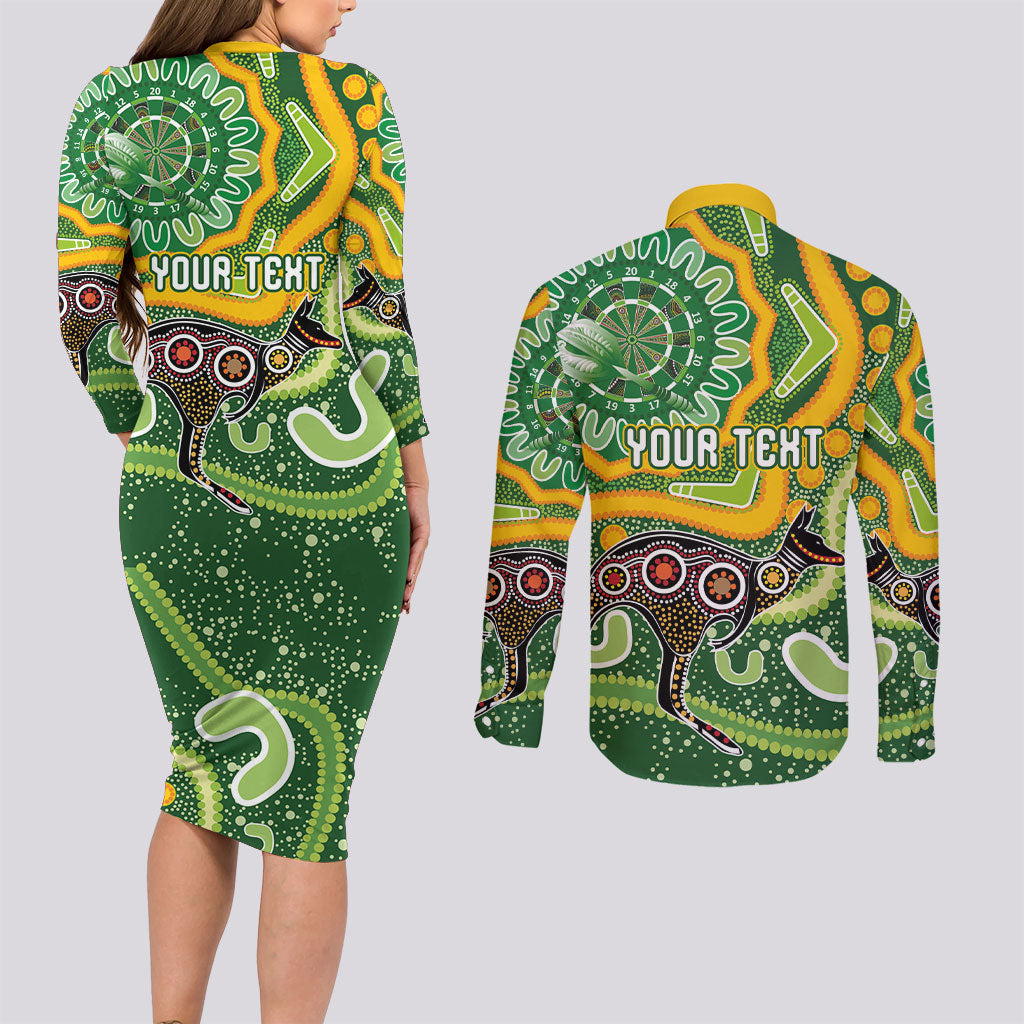 Australia Darts Personalised Couples Matching Long Sleeve Bodycon Dress and Long Sleeve Button Shirt Aboriginal Dot Art Boomerang Indigenous Style Graphic