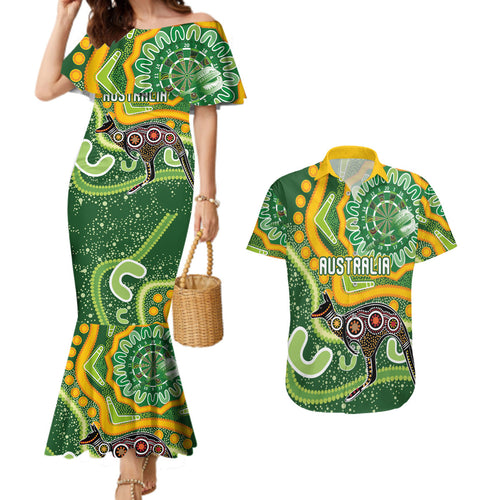 Australia Darts Personalised Couples Matching Mermaid Dress and Hawaiian Shirt Aboriginal Dot Art Boomerang Indigenous Style Graphic