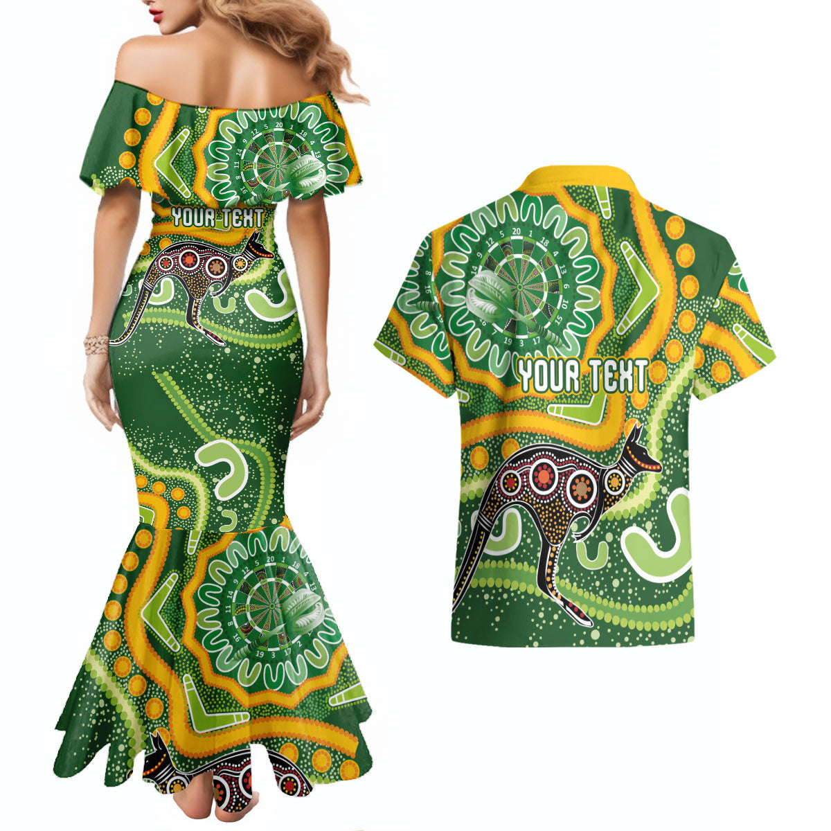Australia Darts Personalised Couples Matching Mermaid Dress and Hawaiian Shirt Aboriginal Dot Art Boomerang Indigenous Style Graphic