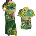 Australia Darts Personalised Couples Matching Off Shoulder Maxi Dress and Hawaiian Shirt Aboriginal Dot Art Boomerang Indigenous Style Graphic