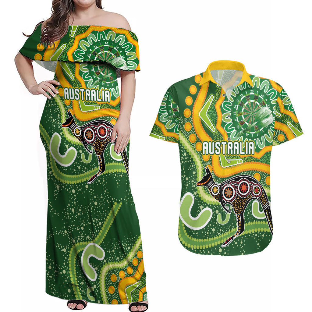 Australia Darts Personalised Couples Matching Off Shoulder Maxi Dress and Hawaiian Shirt Aboriginal Dot Art Boomerang Indigenous Style Graphic