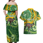 Australia Darts Personalised Couples Matching Off Shoulder Maxi Dress and Hawaiian Shirt Aboriginal Dot Art Boomerang Indigenous Style Graphic
