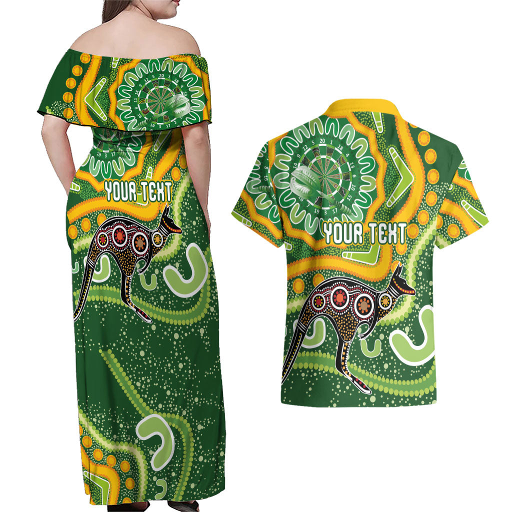 Australia Darts Personalised Couples Matching Off Shoulder Maxi Dress and Hawaiian Shirt Aboriginal Dot Art Boomerang Indigenous Style Graphic