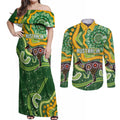 Australia Darts Personalised Couples Matching Off Shoulder Maxi Dress and Long Sleeve Button Shirt Aboriginal Dot Art Boomerang Indigenous Style Graphic