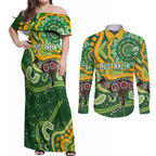 Australia Darts Personalised Couples Matching Off Shoulder Maxi Dress and Long Sleeve Button Shirt Aboriginal Dot Art Boomerang Indigenous Style Graphic
