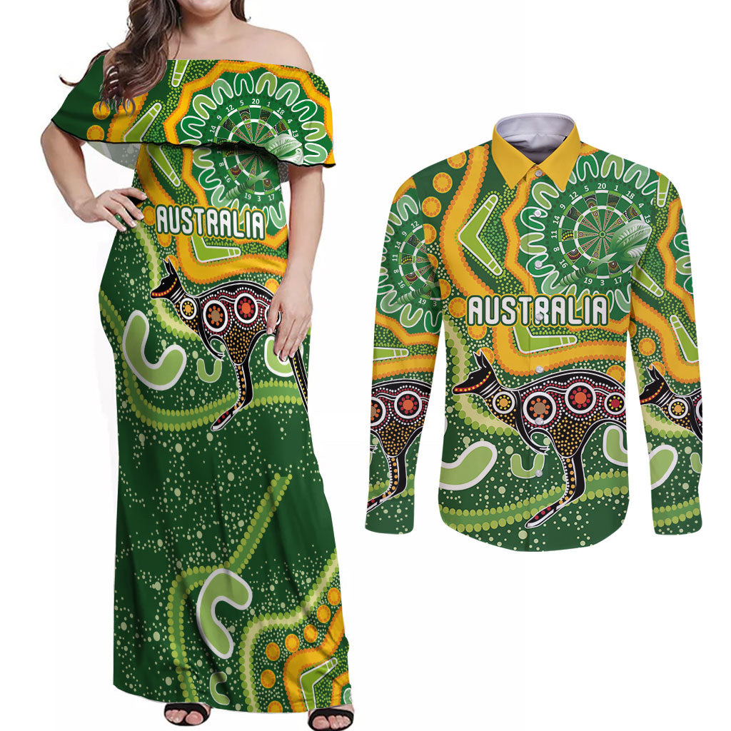 Australia Darts Personalised Couples Matching Off Shoulder Maxi Dress and Long Sleeve Button Shirt Aboriginal Dot Art Boomerang Indigenous Style Graphic