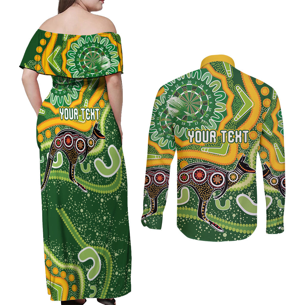 Australia Darts Personalised Couples Matching Off Shoulder Maxi Dress and Long Sleeve Button Shirt Aboriginal Dot Art Boomerang Indigenous Style Graphic