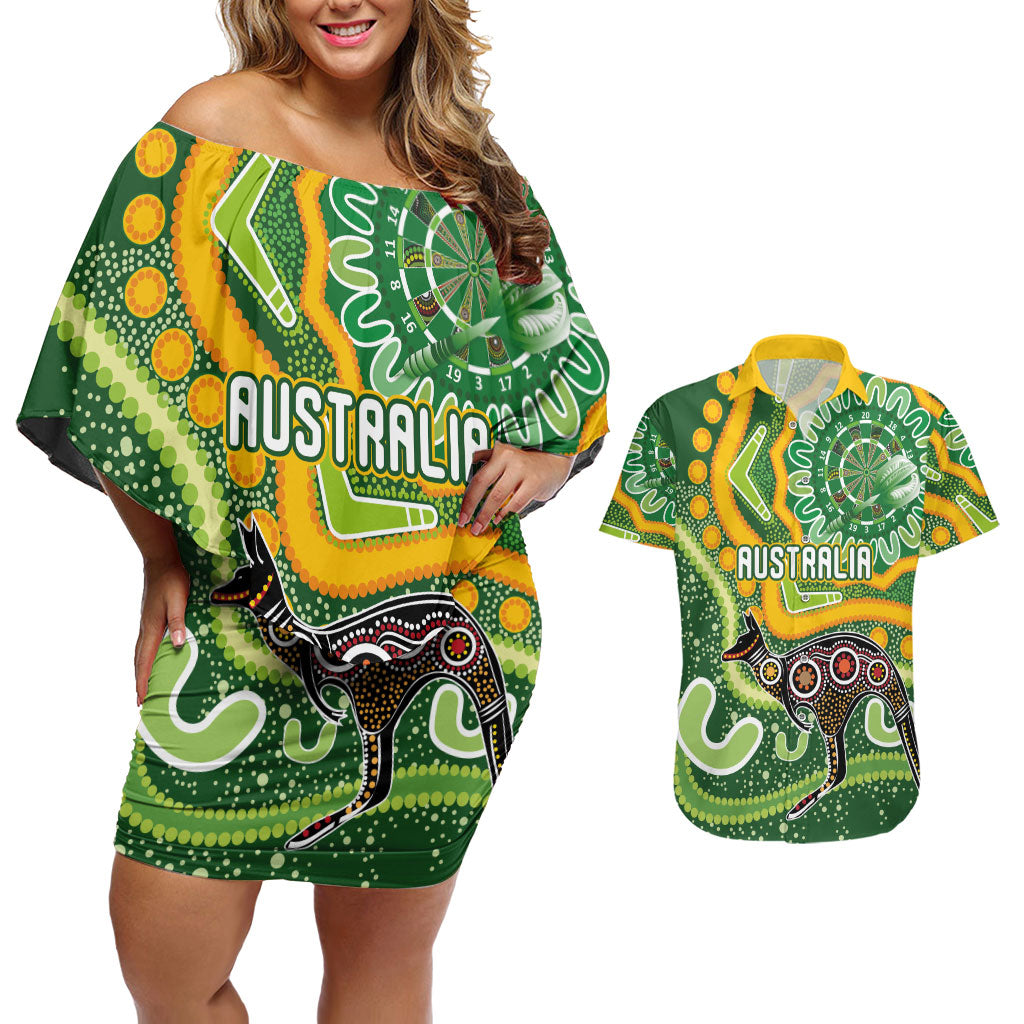 Australia Darts Personalised Couples Matching Off Shoulder Short Dress and Hawaiian Shirt Aboriginal Dot Art Boomerang Indigenous Style Graphic