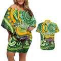 Australia Darts Personalised Couples Matching Off Shoulder Short Dress and Hawaiian Shirt Aboriginal Dot Art Boomerang Indigenous Style Graphic