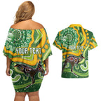 Australia Darts Personalised Couples Matching Off Shoulder Short Dress and Hawaiian Shirt Aboriginal Dot Art Boomerang Indigenous Style Graphic