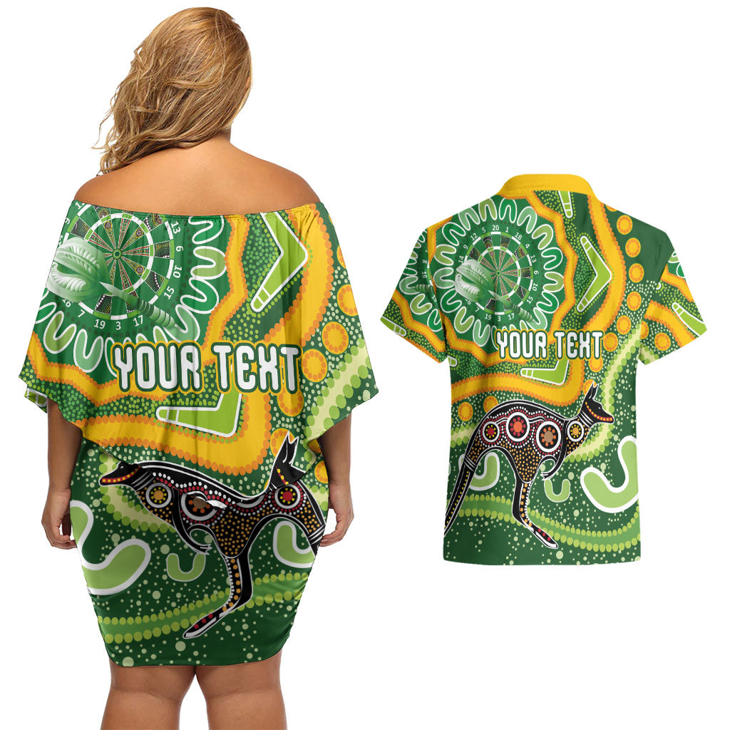 Australia Darts Personalised Couples Matching Off Shoulder Short Dress and Hawaiian Shirt Aboriginal Dot Art Boomerang Indigenous Style Graphic