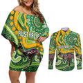 Australia Darts Personalised Couples Matching Off Shoulder Short Dress and Long Sleeve Button Shirt Aboriginal Dot Art Boomerang Indigenous Style Graphic