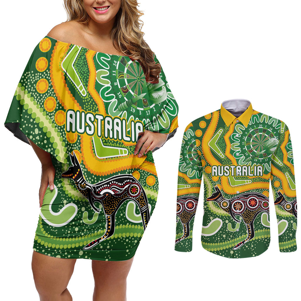Australia Darts Personalised Couples Matching Off Shoulder Short Dress and Long Sleeve Button Shirt Aboriginal Dot Art Boomerang Indigenous Style Graphic